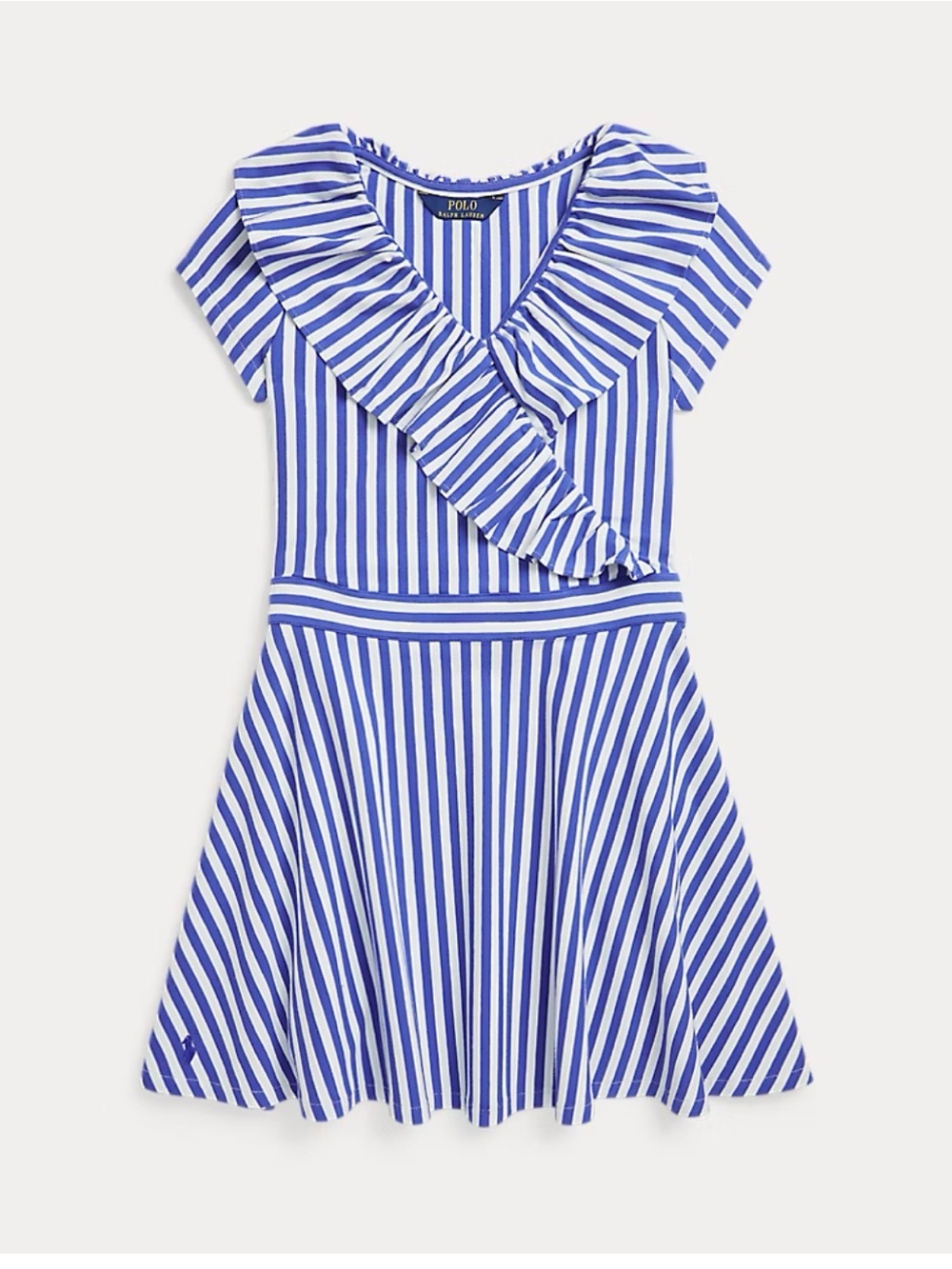 Polo by Ralph Lauren Blue & White Striped Ruffle V‑Neck Dress